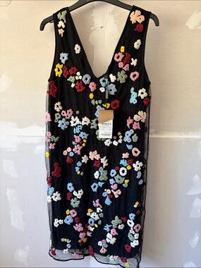 NWT Burberry Black Mesh Dress with Multicolor Floral Appliqués size 4